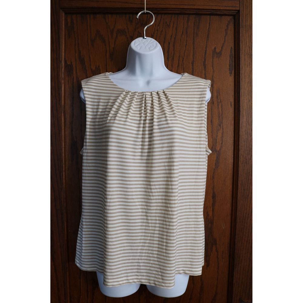 CALVIN KLEIN Top Shirt Striped Pleated Neck Sleeveless Women XL Tan White Career